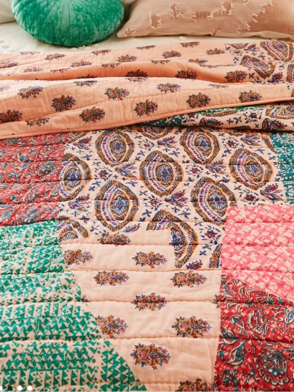 Urban Outfitters Sella Patchwork Quilt Pink, Coral & Teal Queen/Full Boho NWt